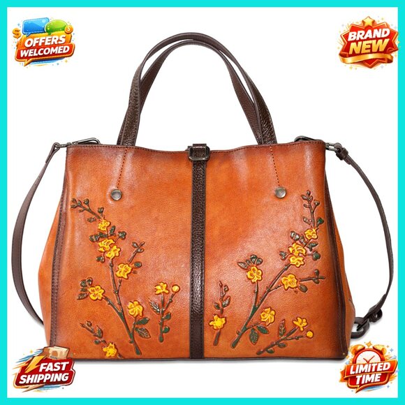 Genuine Leather Satchel Handbag Top Handle Crossbody Vintage Embossed Purse